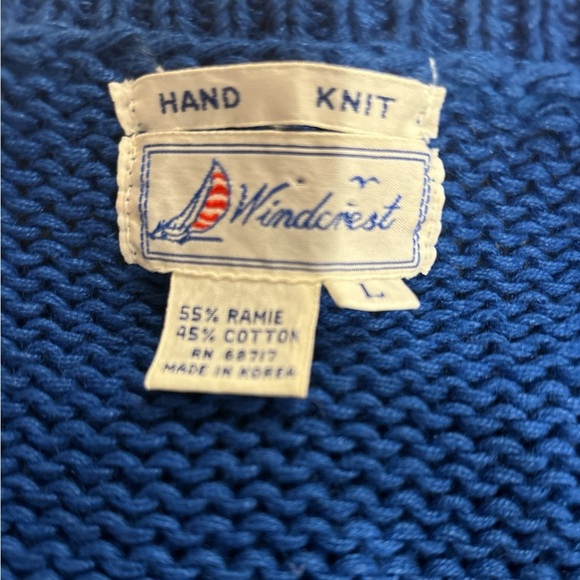 80s BLUE COTTON HAND KNIT DROP SHOULDERS & DOLMAN SLEEVES CABLE KNIT WINDCREST L - Picture 5 of 5